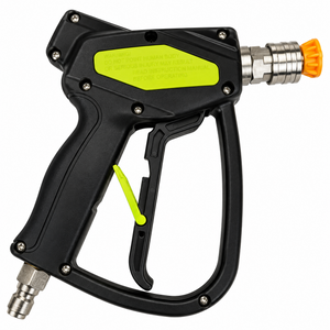 Paddock™ 5000 PSI Brass Jetting Trigger Gun featuring a black body, lime green safety lever, warning label, metal nozzle with an orange cap, and a silver quick-connect fitting at the base.