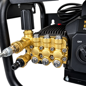Close-up of the brass pump head assembly for a Paddock™ 1,450 PSI Wall Mountable Pressure Washer, showing hose connections and an on-off switch.
