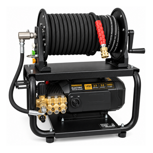 Paddock™ 1,450 PSI Wall Mountable Pressure Washer with a high-pressure hose reel, black coil hose, brass pump head, and front-panel on-off switch.