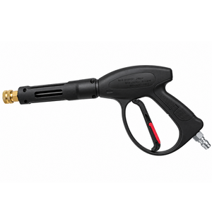 Black 1,450 PSI spray gun for the Paddock™ 1,450 PSI Wall Mountable Pressure Washer with Hose Reel, featuring a brass nozzle, a red safety trigger, and performance specifications printed on the housing.