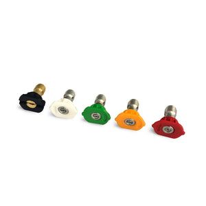 The Paddock Quick Coupling Nozzle Set features five color-coded nozzles—black, white, green, yellow, and red—arranged in a row on a white background for easy nozzle selection.