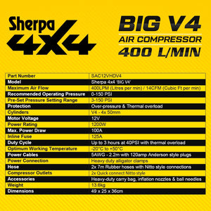 Sherpa 4x4 'BIG V4' Air Compressor (400 L/min) with Pre-set Pressure Control System - 12V & 24V