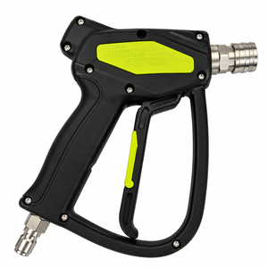 Paddock™ 5000 PSI Brass Jetting Trigger Gun, a black pressure washer trigger gun with a lime green safety warning label and brass fittings.