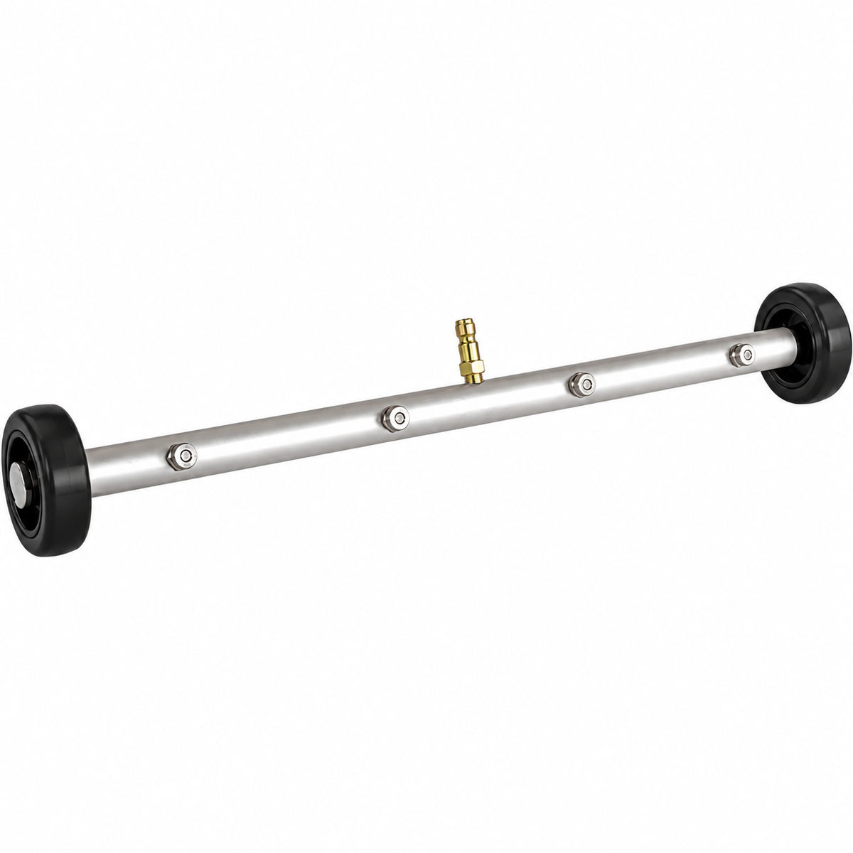 The Paddock™ Underbody Cleaning Wand 500mm (20″), by Paddock, features a metal spray bar with black wheels on each end, four spray nozzles along the bar, and a central brass connector. Designed as a pressure washer attachment for use as an undercarriage or underbody cleaning wand for vehicles, it is shown isolated on a white background.