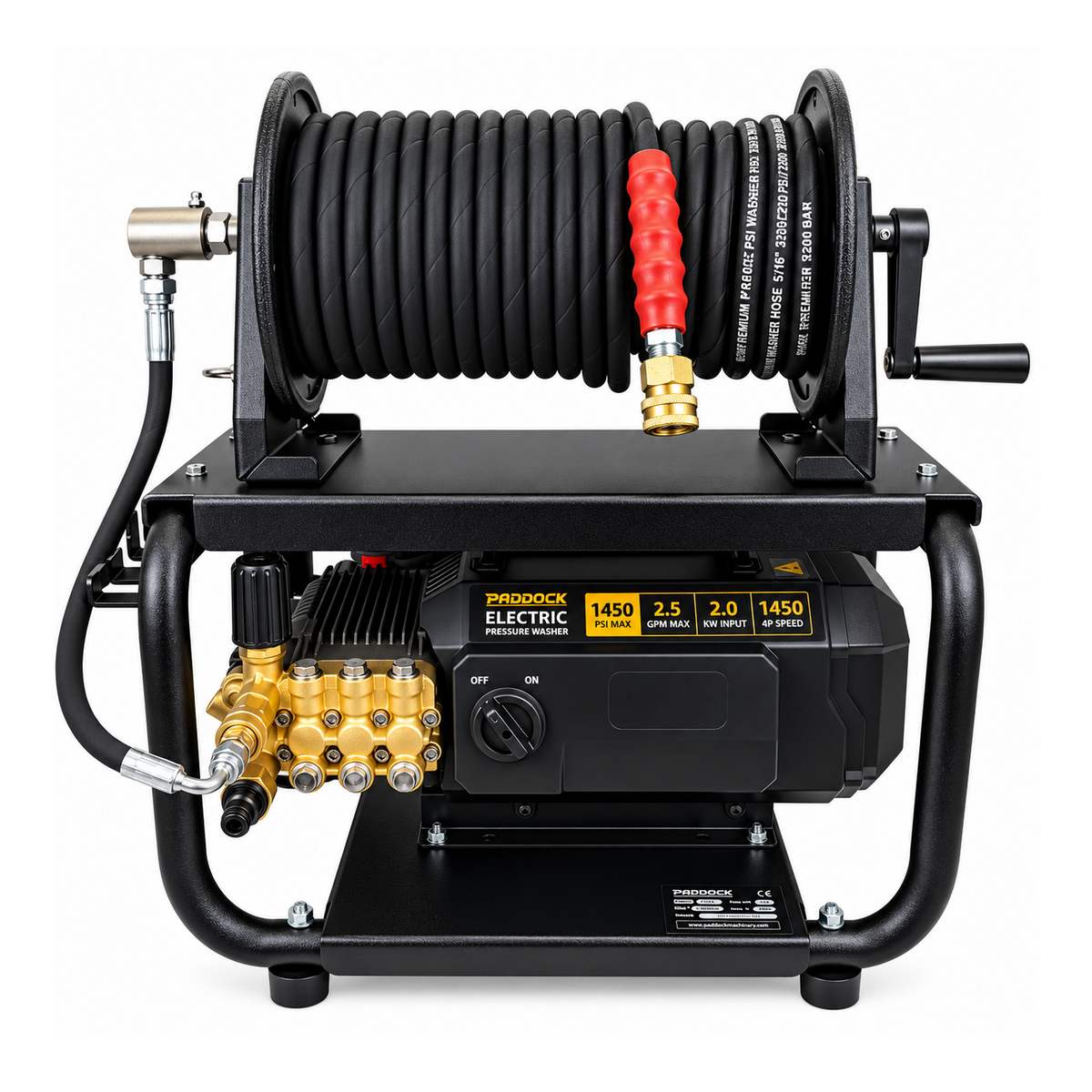 Paddock™ 1,450 PSI Wall Mountable Pressure Washer with hose reel, brass pump head, and a control panel displaying a 1450 PSI rating.