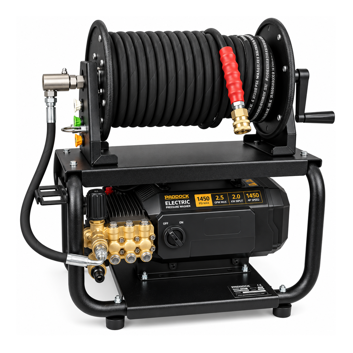 Paddock™ 1,450 PSI Wall Mountable Pressure Washer with hose reel, brass pump head, and a control panel displaying a 1450 PSI rating.