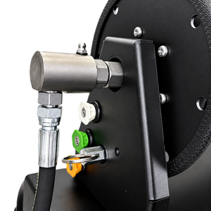 Close-up of a Paddock™ 1,450 PSI Wall Mountable Pressure Washer with Hose Reel featuring a stainless steel hose fitting and four colored spray nozzles attached to the black frame.