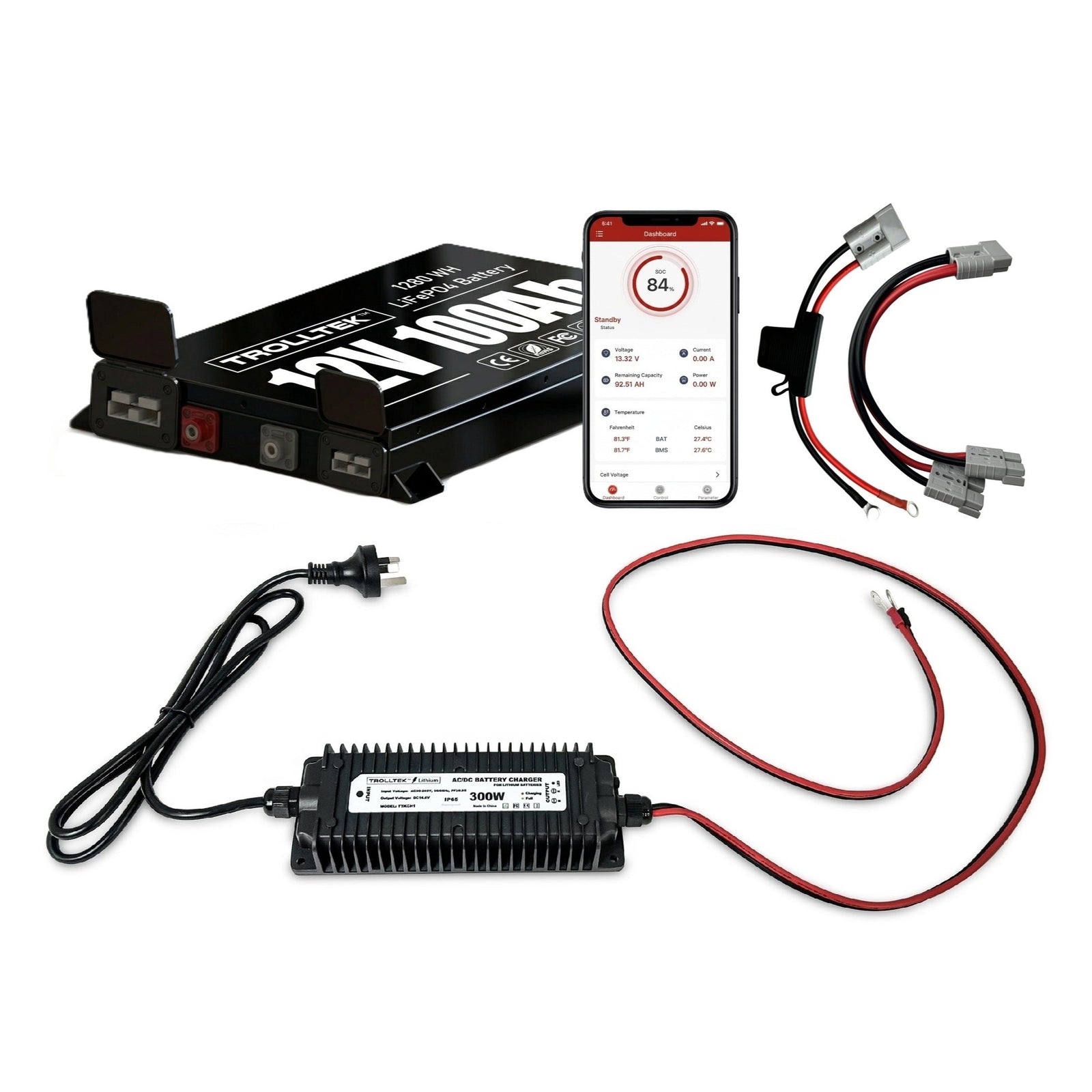 Trolltek™ 12V LiFePO4 Lithium Slimline Battery AC Bundle – Charge From 240V Power (AC)
